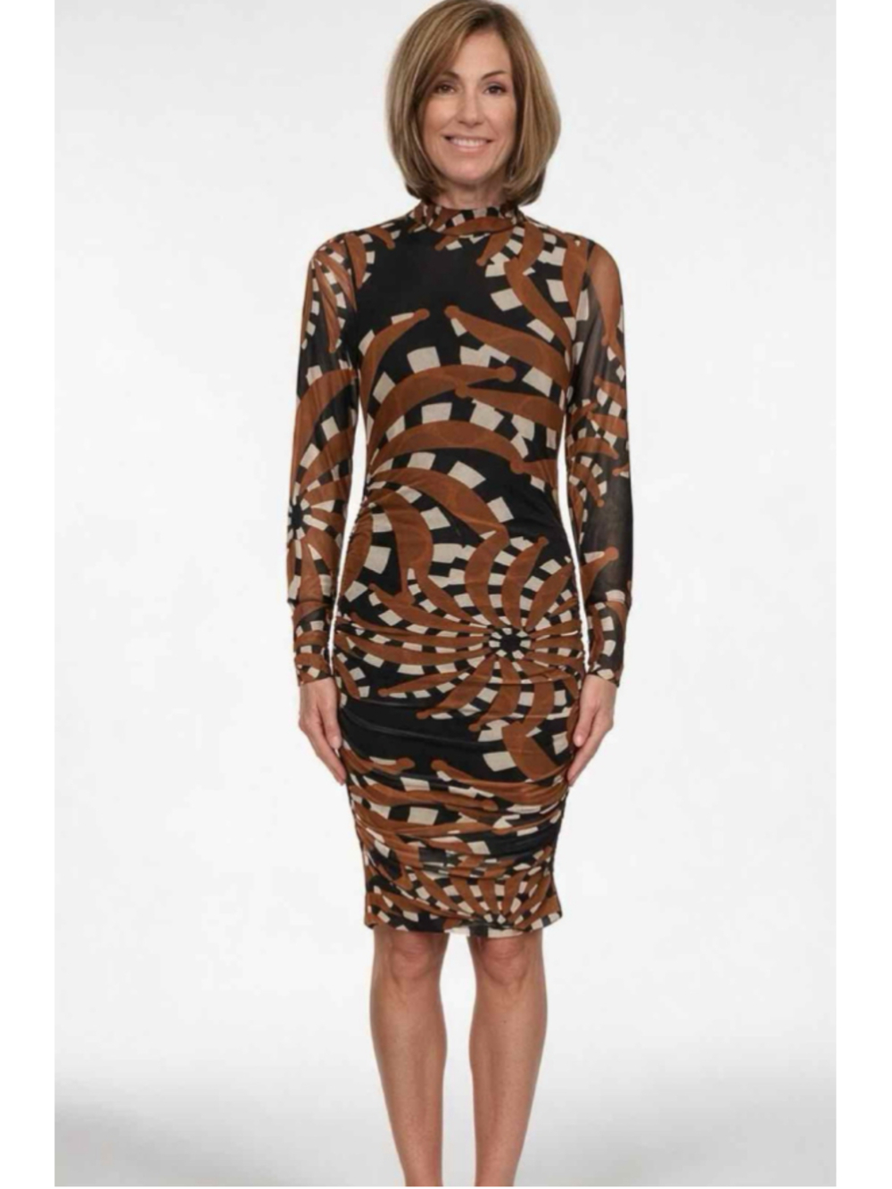 FARM Rio Bananada Black Dark Tulle Mock-Neck Midi Dress, Swirl Print, Size S